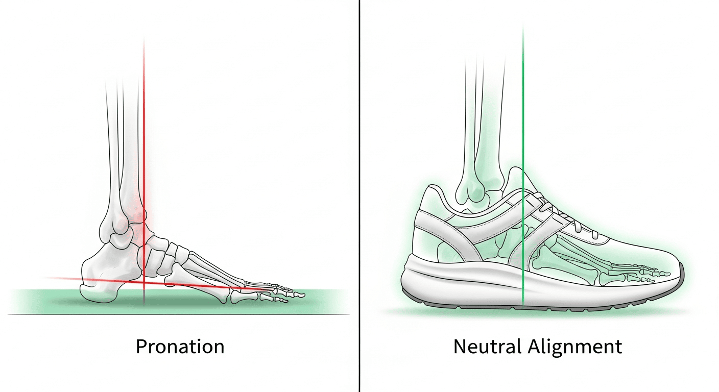 Medical illustration comparing foot alignment with and without support